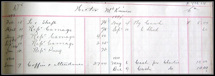 Hector MacKinnon entries for 1903 and 1904 (for repairs to carriage and pung) and 7 January, 1910 (the time of Hector's death), for "Coffin and Attendance". The entry reads "Cash per Charlie" as his son paid the funeral expenses. THT Archives #1998.06.01, Andrew MacKinnon photo
