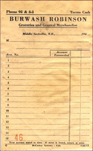 Photo of an original Burwash Robinson receipt