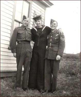Left to Right: Arthur Purdy, Robert MacFadden and Lawrence Wry. Sgt.-Obs. Lawrence Alvin Wry, 514 (R.A.F.) Squadron (1920-1944), son of Mr. and Mrs. John L. Wry of York Street, Sackville, was shot down during a night raid over Stuttgart, Germany and is buried at the Villars-Le-Pautel communal cemetery in Haute-Saone, France