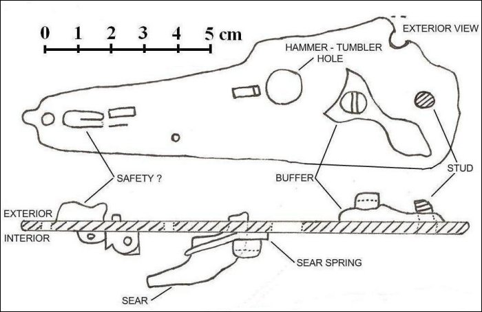 Figure 1:Exterior view of the Missaguash snaphaunce musket lock © Colin MacKinnon photo and sketch